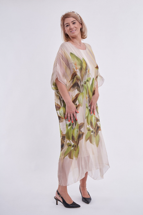Rochie din matase si vascoza cu model floral bej [3]
