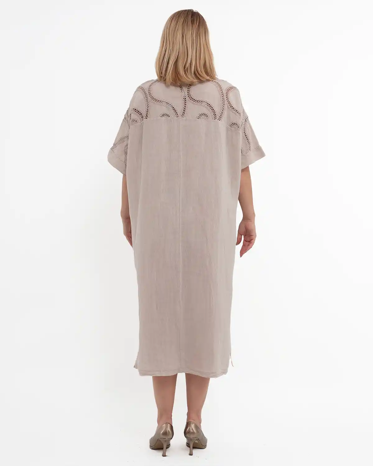 Rochie elegantă bej din in cu umeri căzuți și broderie aplicată [2]