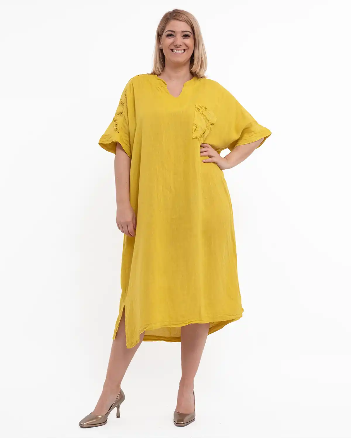 Rochie elegantă galbenă din in cu umeri căzuți și broderie aplicată [1]