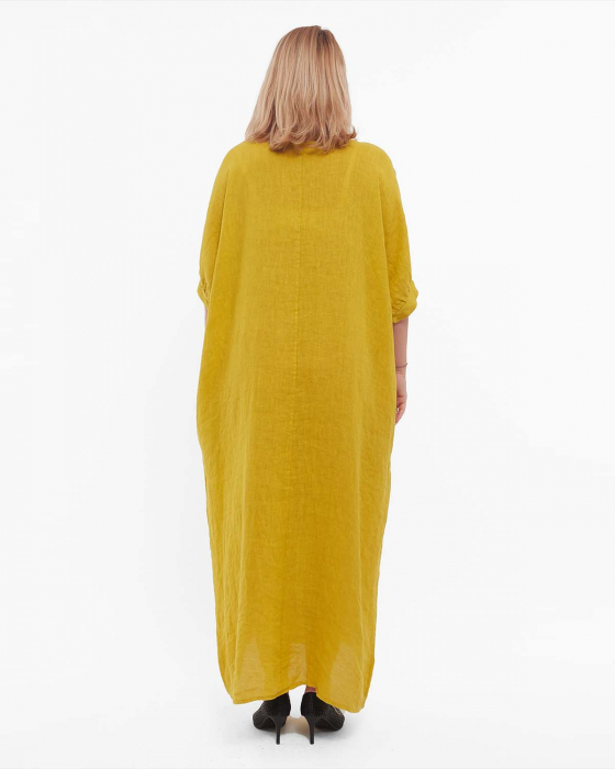 Rochie galbenă minimalistă din in maxi cu volan [2]