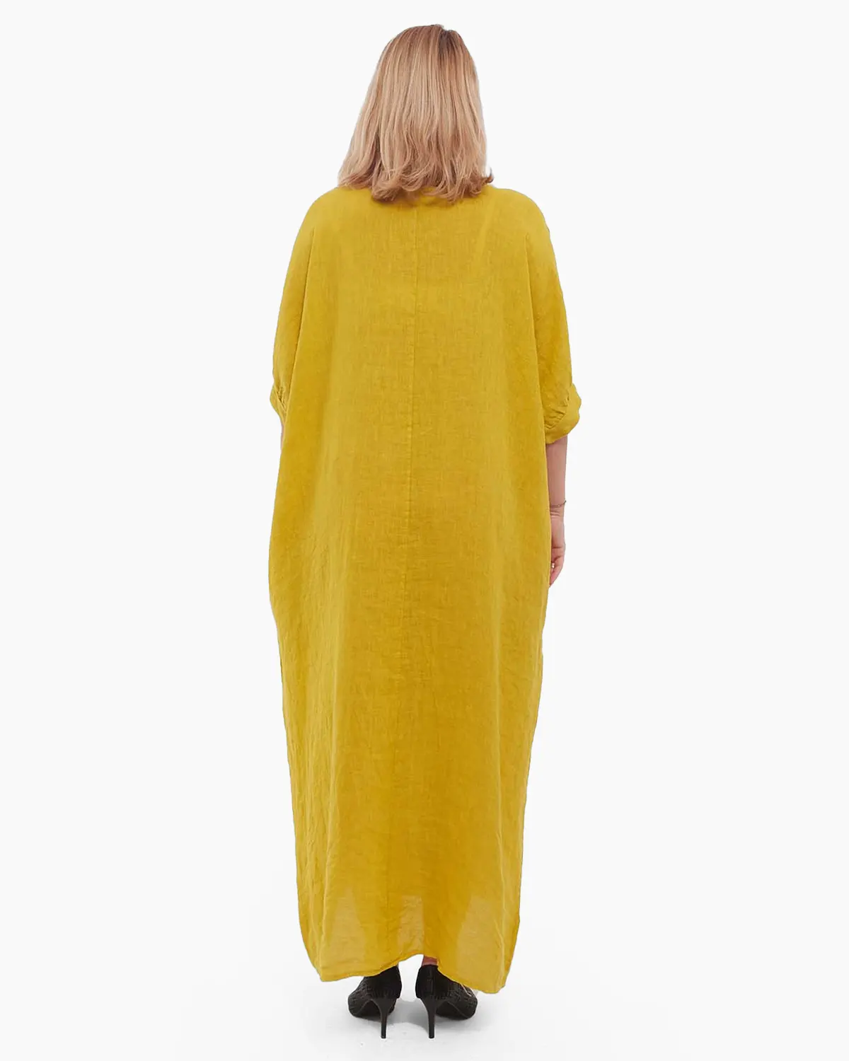 Rochie galbenă minimalistă din in maxi cu volan [2]
