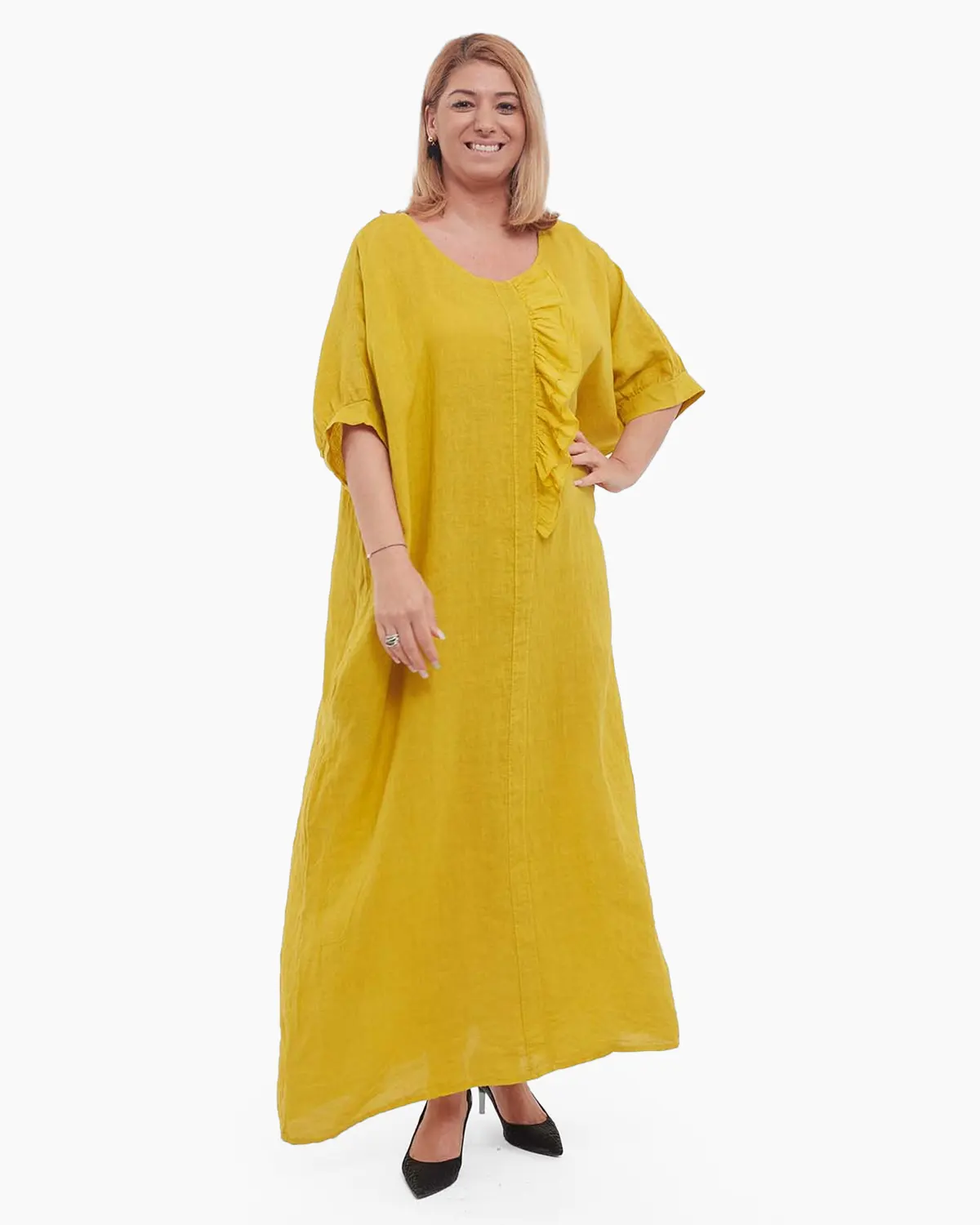 Rochie galbenă minimalistă din in maxi cu volan [3]