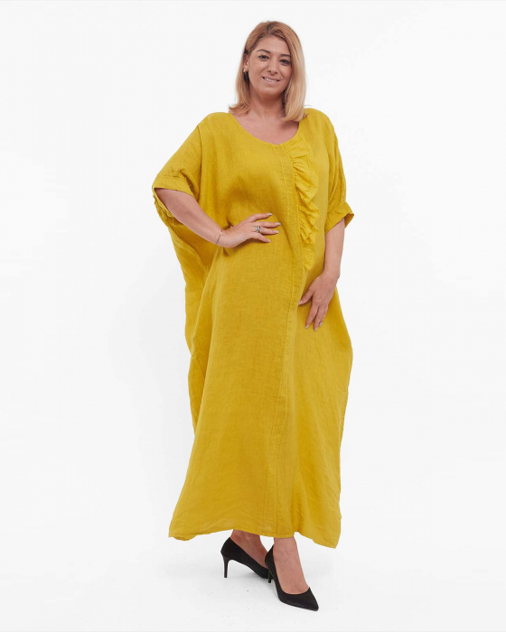 Rochie galbenă minimalistă din in maxi cu volan [4]