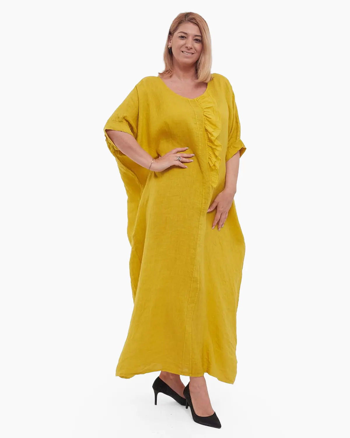 Rochie galbenă minimalistă din in maxi cu volan [4]