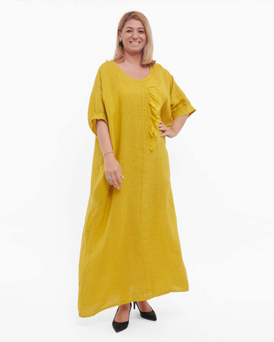 Rochie galbenă minimalistă din in maxi cu volan [3]