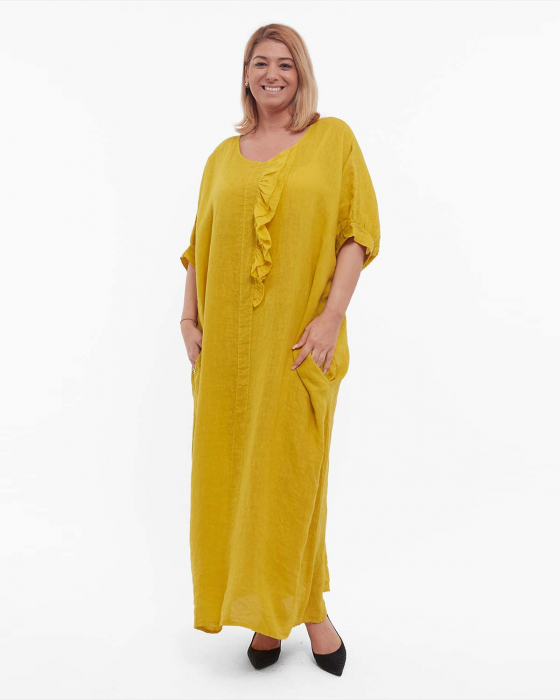 Rochie galbenă minimalistă din in maxi cu volan [1]