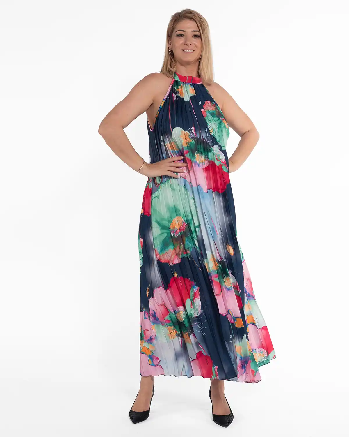 Rochie glam maxi bleumarin plisată cu imprimeu floral [1]