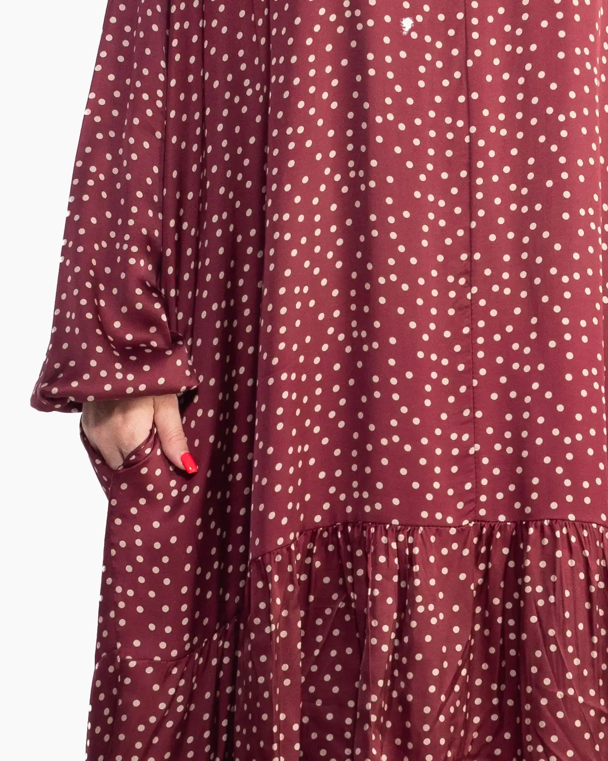 Rochie grena fluidă cu buline și volane delicate [4]