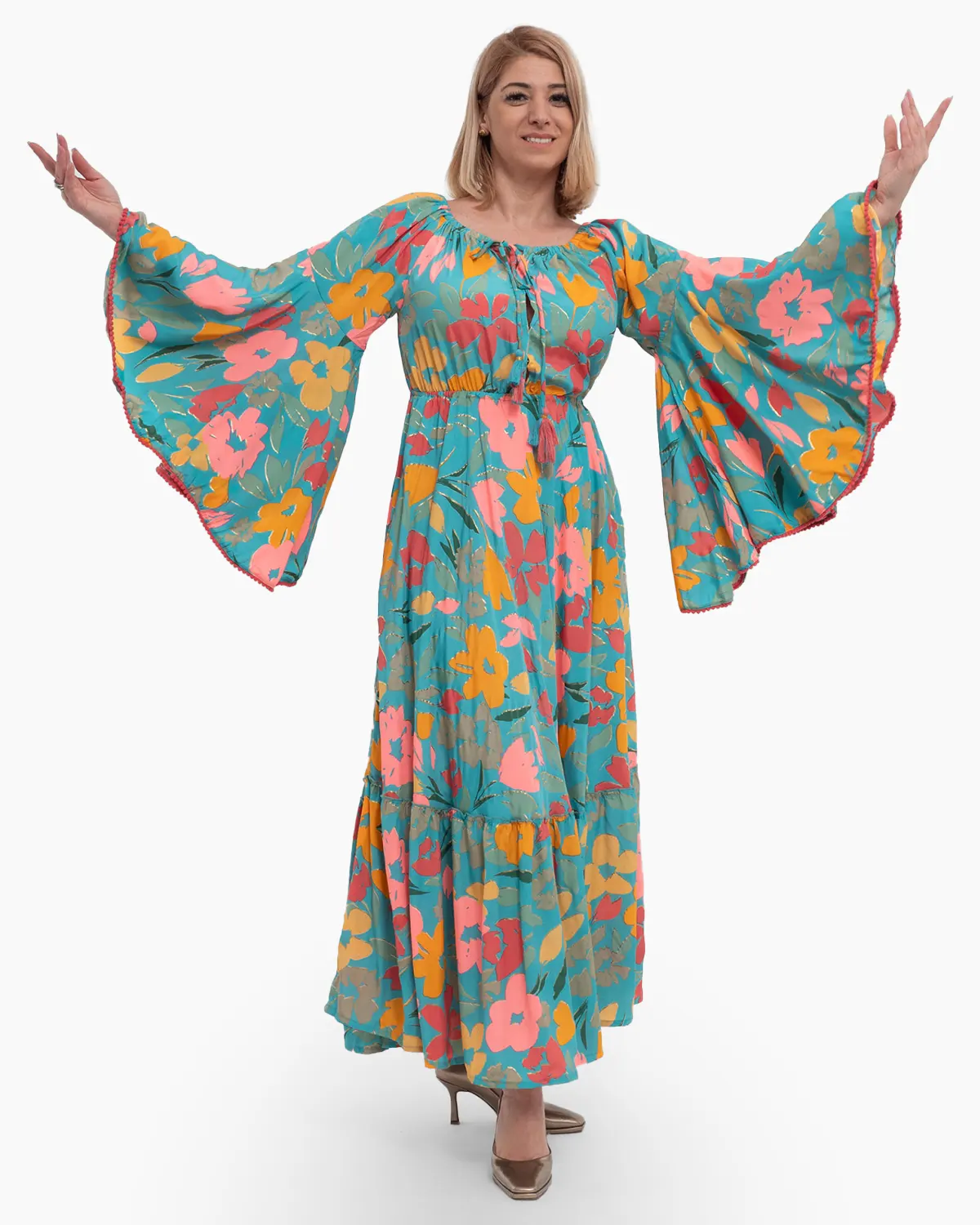 Rochie kimono din mătase bleu cu volane și umeri lați [3]
