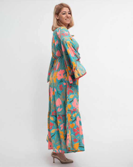 Rochie kimono din mătase bleu cu volane și umeri lați [4]