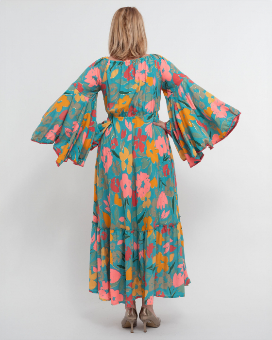 Rochie kimono din mătase bleu cu volane și umeri lați [2]