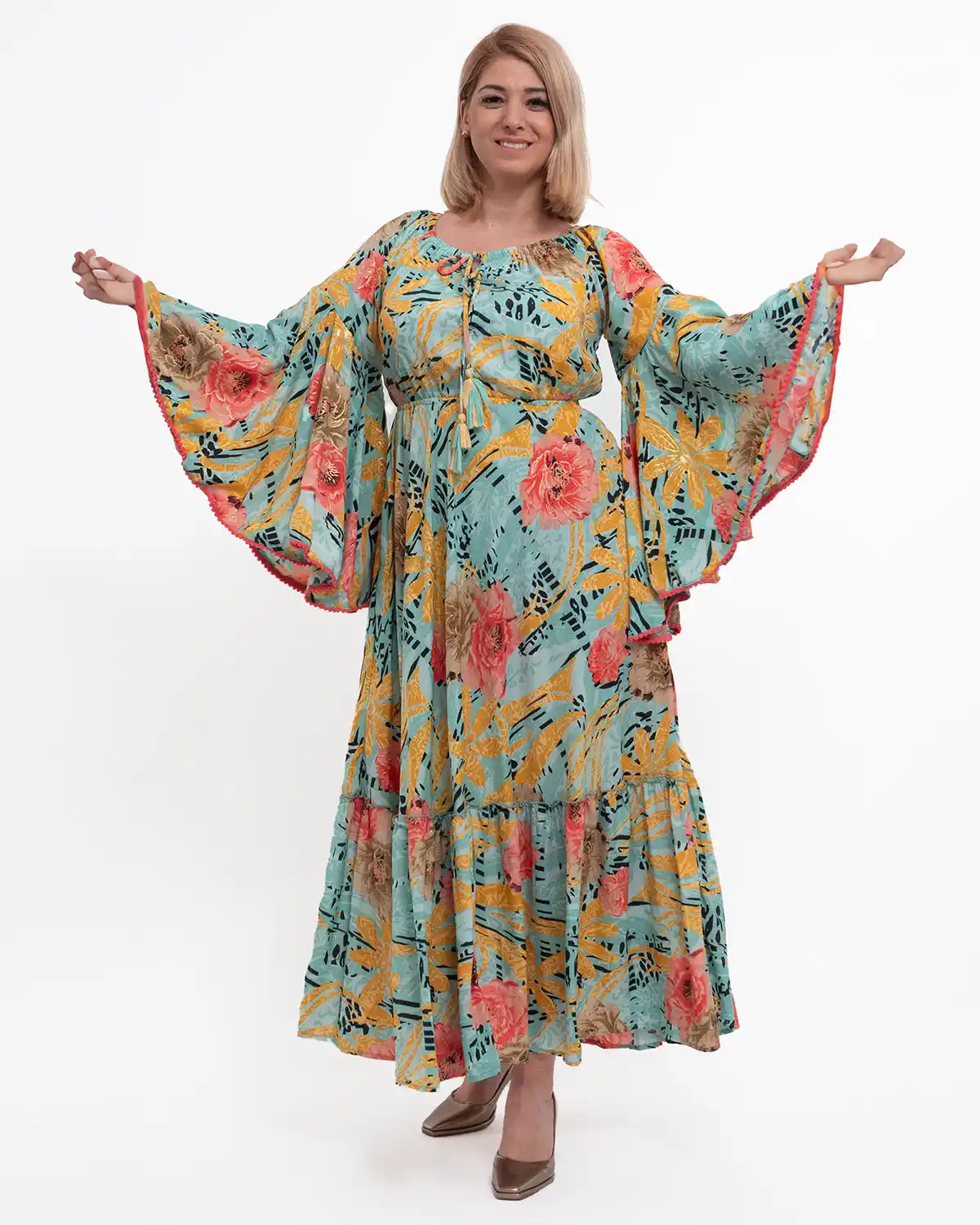 Rochie kimono din mătase multicoloră cu volane și umeri lați [3]