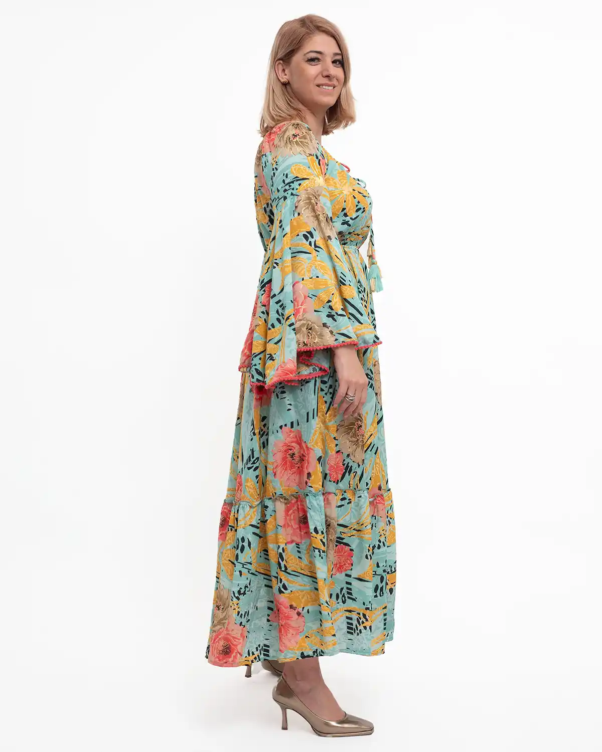 Rochie kimono din mătase multicoloră cu volane și umeri lați [4]