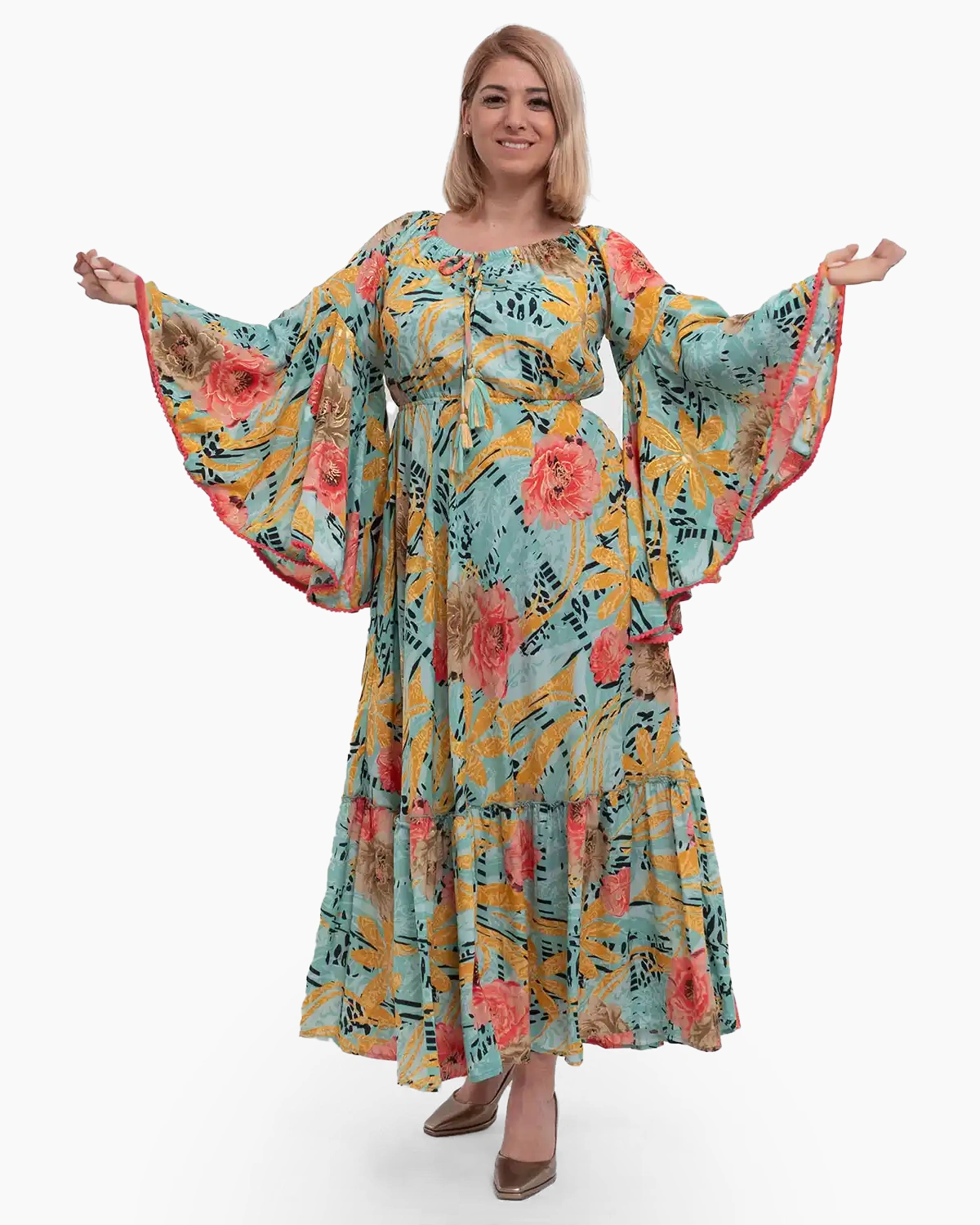 Rochie kimono din mătase multicoloră cu volane și umeri lați [3]
