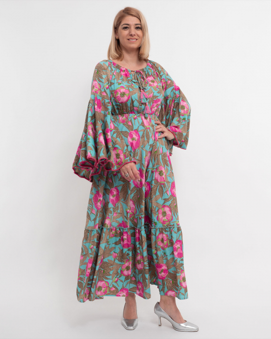 Rochie kimono din mătase turcoaz cu volane și umeri lați [3]