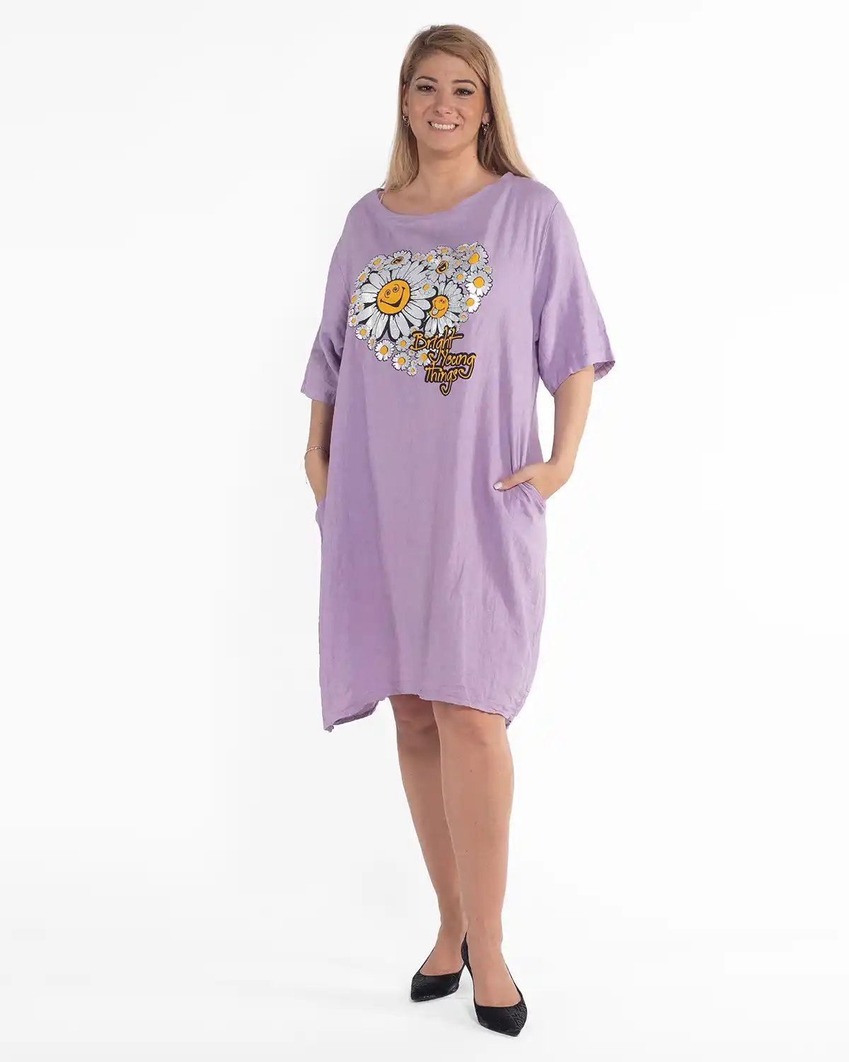 Rochie lila casual din in cu design amplu și imprimeu floral [4]