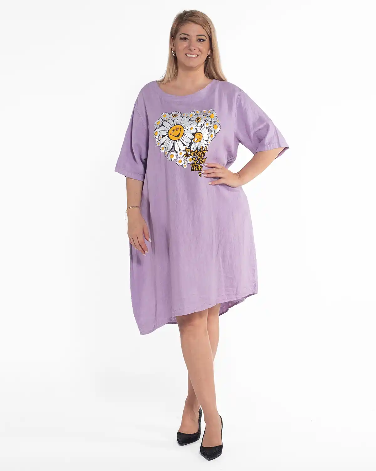 Rochie lila casual din in cu design amplu și imprimeu floral [1]