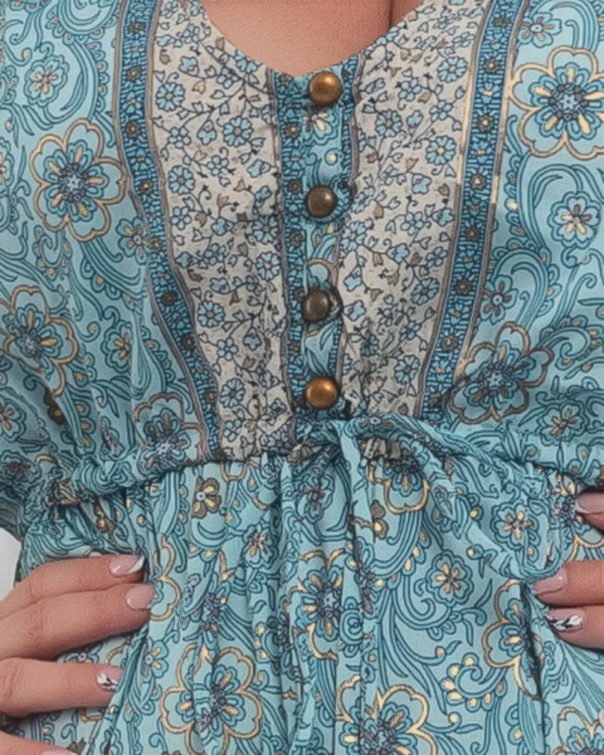 Rochie lungă bleu din mătase indiană cu imprimeu arăbesc [4]