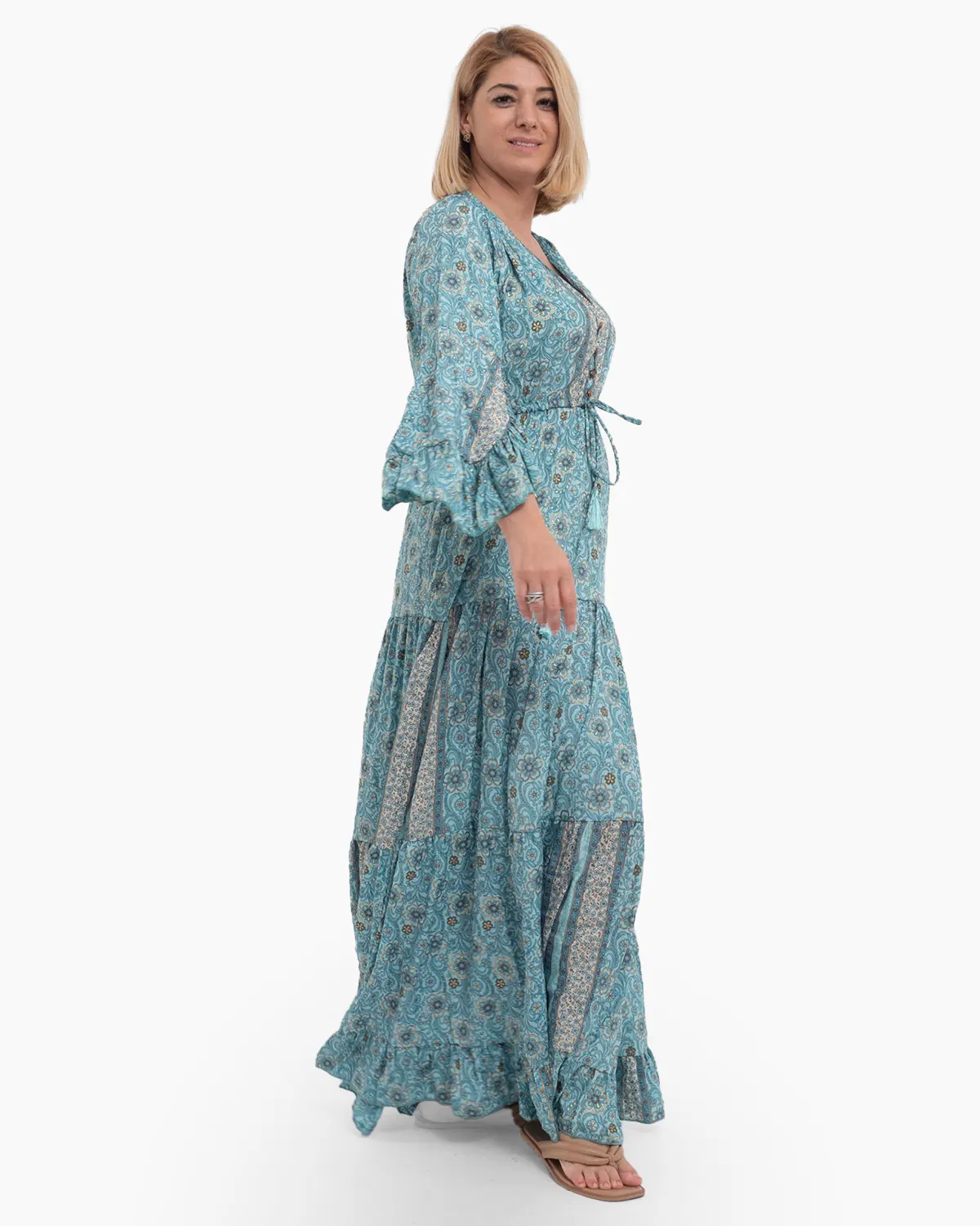 Rochie lungă bleu din mătase indiană cu imprimeu arăbesc [3]
