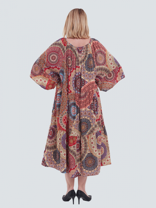 Rochie lungă boho cu imprimeu multicolor mandala , decolteu pătrat și maneci kimono, [3]