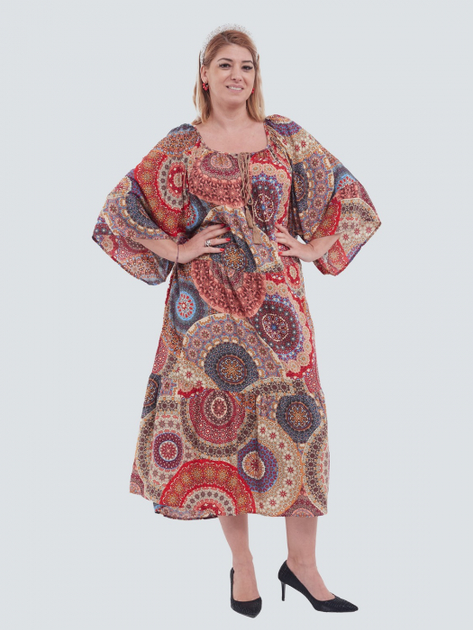 Rochie lungă boho cu imprimeu multicolor mandala , decolteu pătrat și maneci kimono, [2]