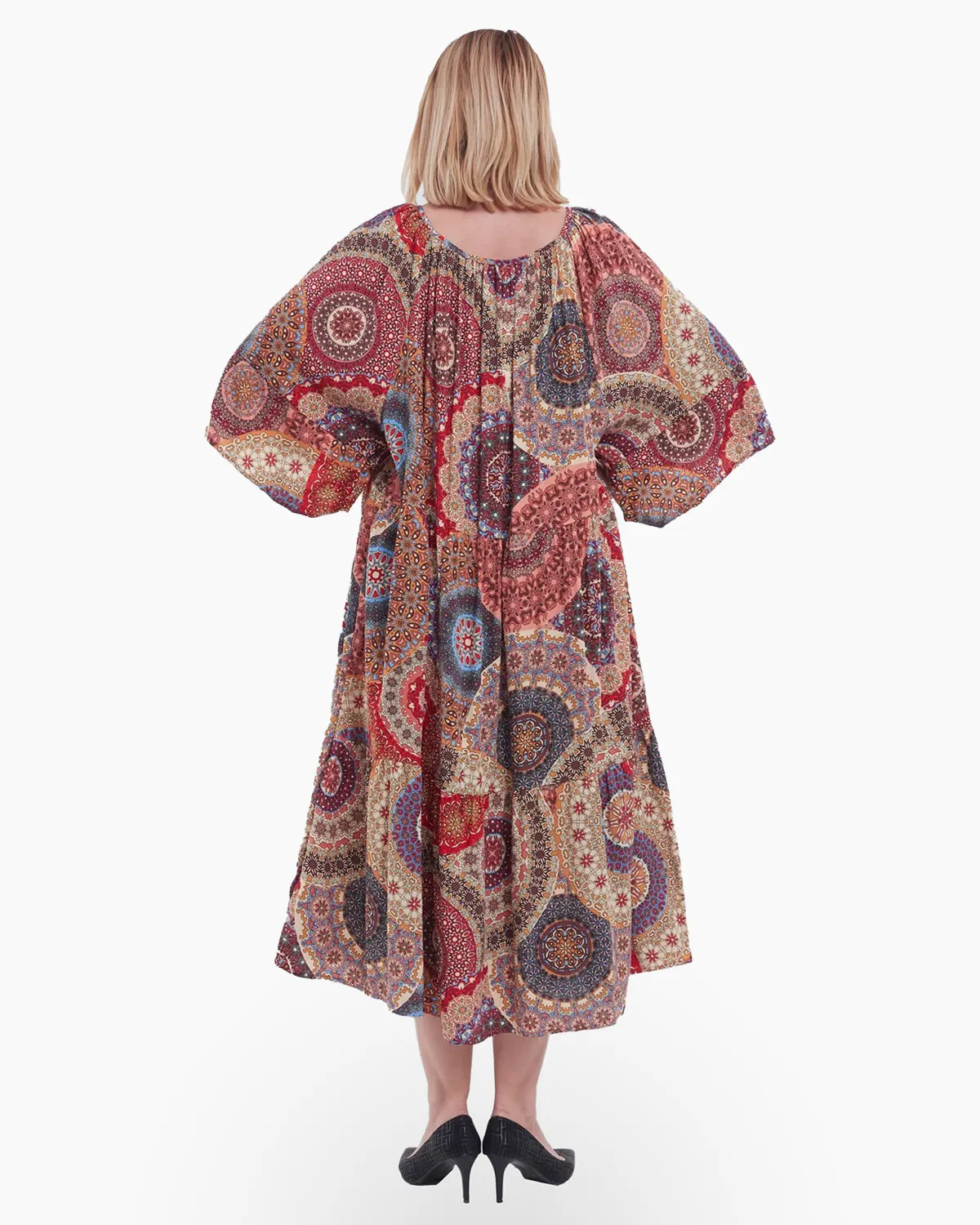 Rochie lungă boho cu imprimeu multicolor mandala , decolteu pătrat și maneci kimono, [3]