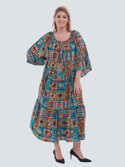 Rochie lungă boho multicolora chic cu volane, ciucuri și maneci evazate [2]