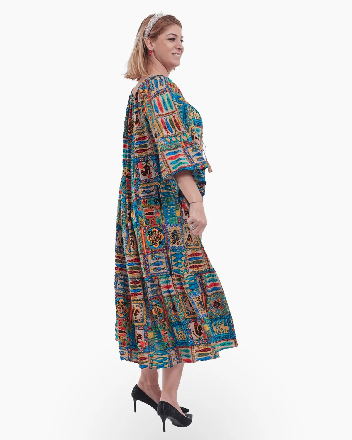 Rochie lungă boho multicolora chic cu volane, ciucuri și maneci evazate [4]
