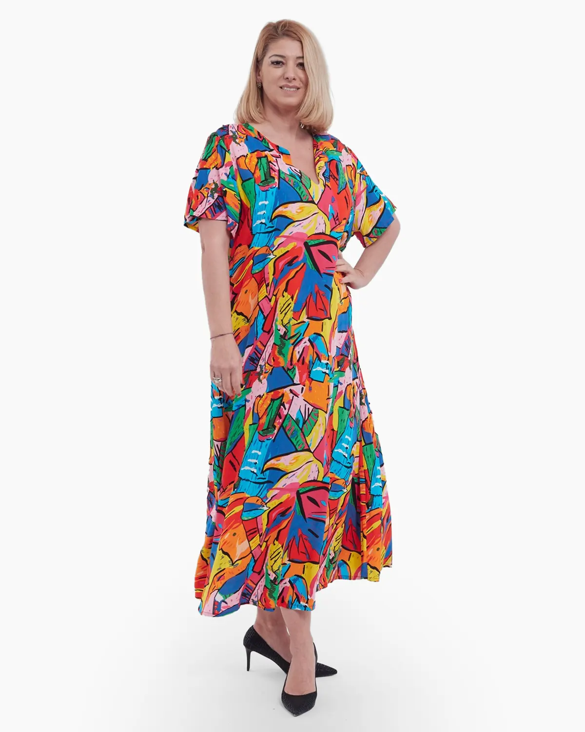 Rochie lunga casual chic de vara cu imprimeu artistic picaso din viscoza fluida, croi lejer in A, decolteu V, talie unica, multi [3]