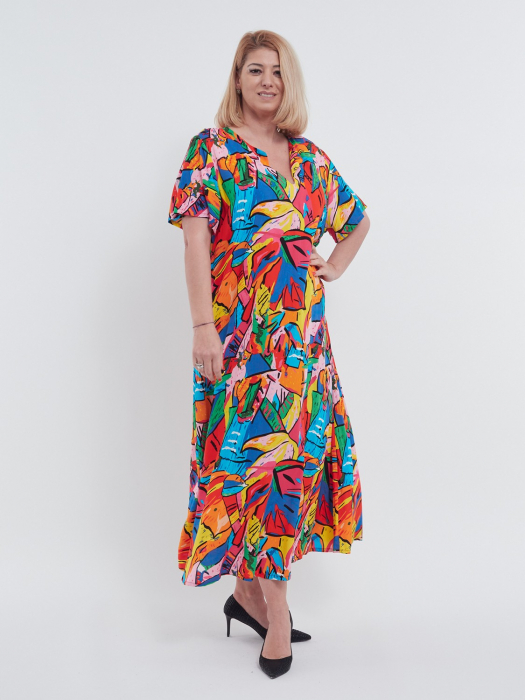 Rochie lunga casual chic de vara cu imprimeu artistic picaso din viscoza fluida, croi lejer in A, decolteu V, talie unica, multi [3]