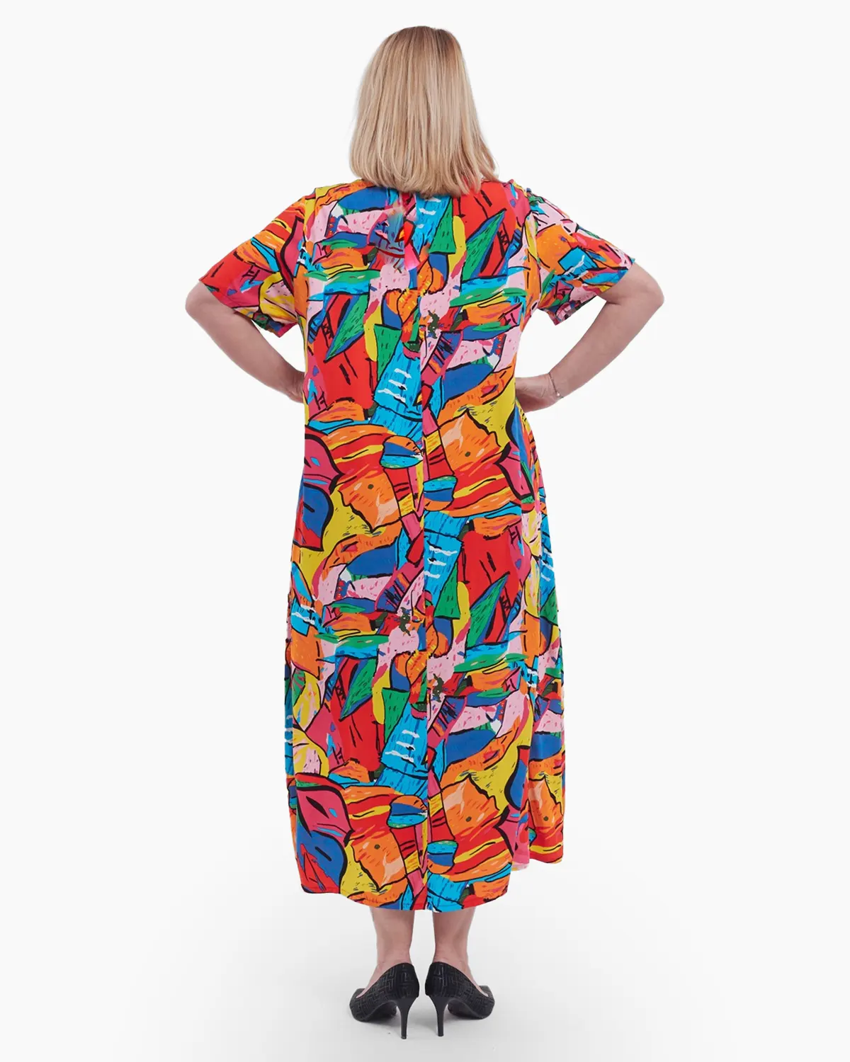 Rochie lunga casual chic de vara cu imprimeu artistic picaso din viscoza fluida, croi lejer in A, decolteu V, talie unica, multi [2]