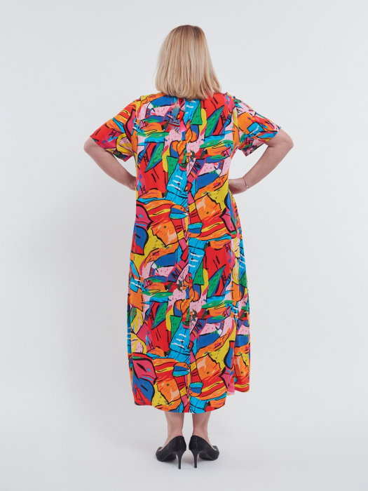 Rochie lunga casual chic de vara cu imprimeu artistic picaso din viscoza fluida, croi lejer in A, decolteu V, talie unica, multi [2]
