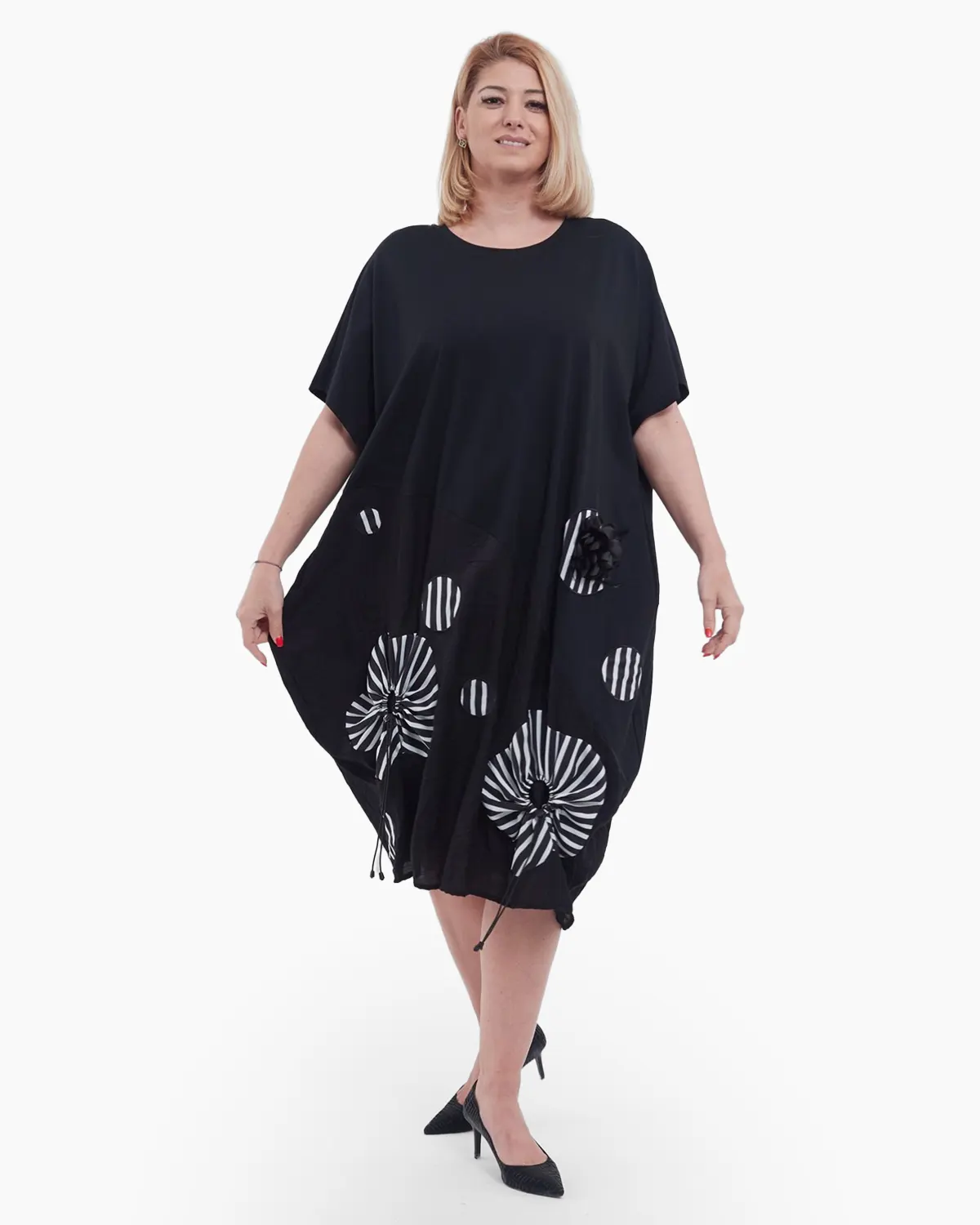 Rochie lunga casual din bumbac premium cu umeri cazuti croi A lejer si detalii florale argintii discrete buzunare negru argintiu [4]