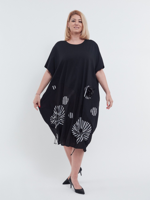 Rochie lunga casual din bumbac premium cu umeri cazuti croi A lejer si detalii florale argintii discrete buzunare negru argintiu [4]