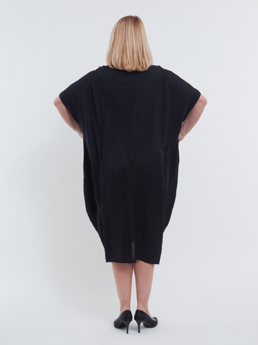 Rochie lunga casual din bumbac premium cu umeri cazuti croi A lejer si detalii florale argintii discrete buzunare negru argintiu [2]