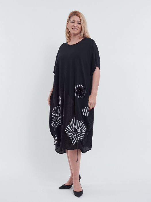 Rochie lunga casual din bumbac premium cu umeri cazuti croi A lejer si detalii florale argintii discrete buzunare negru argintiu [3]