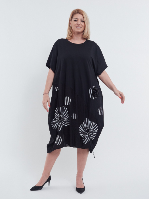 Rochie lunga casual din bumbac premium cu umeri cazuti croi A lejer si detalii florale argintii discrete buzunare negru argintiu [1]
