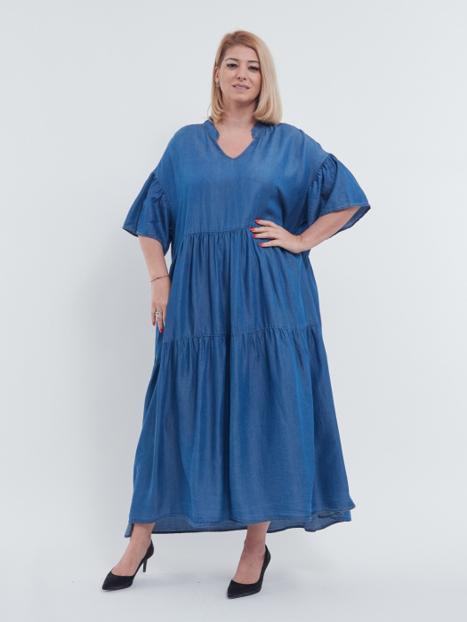 Rochie lunga casual din tencel fluid, cu umeri cazuti, volane chic la maneci si guler tunica, stil denim, albastru [1]
