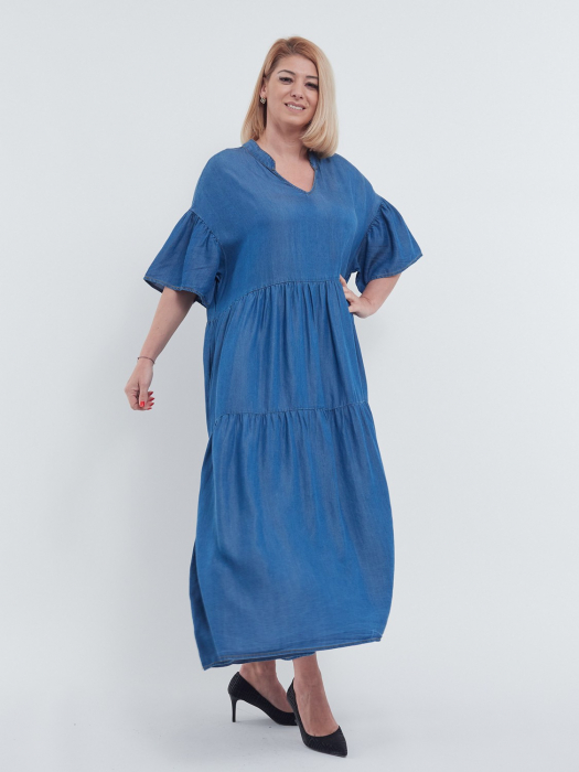 Rochie lunga casual din tencel fluid, cu umeri cazuti, volane chic la maneci si guler tunica, stil denim, albastru [3]