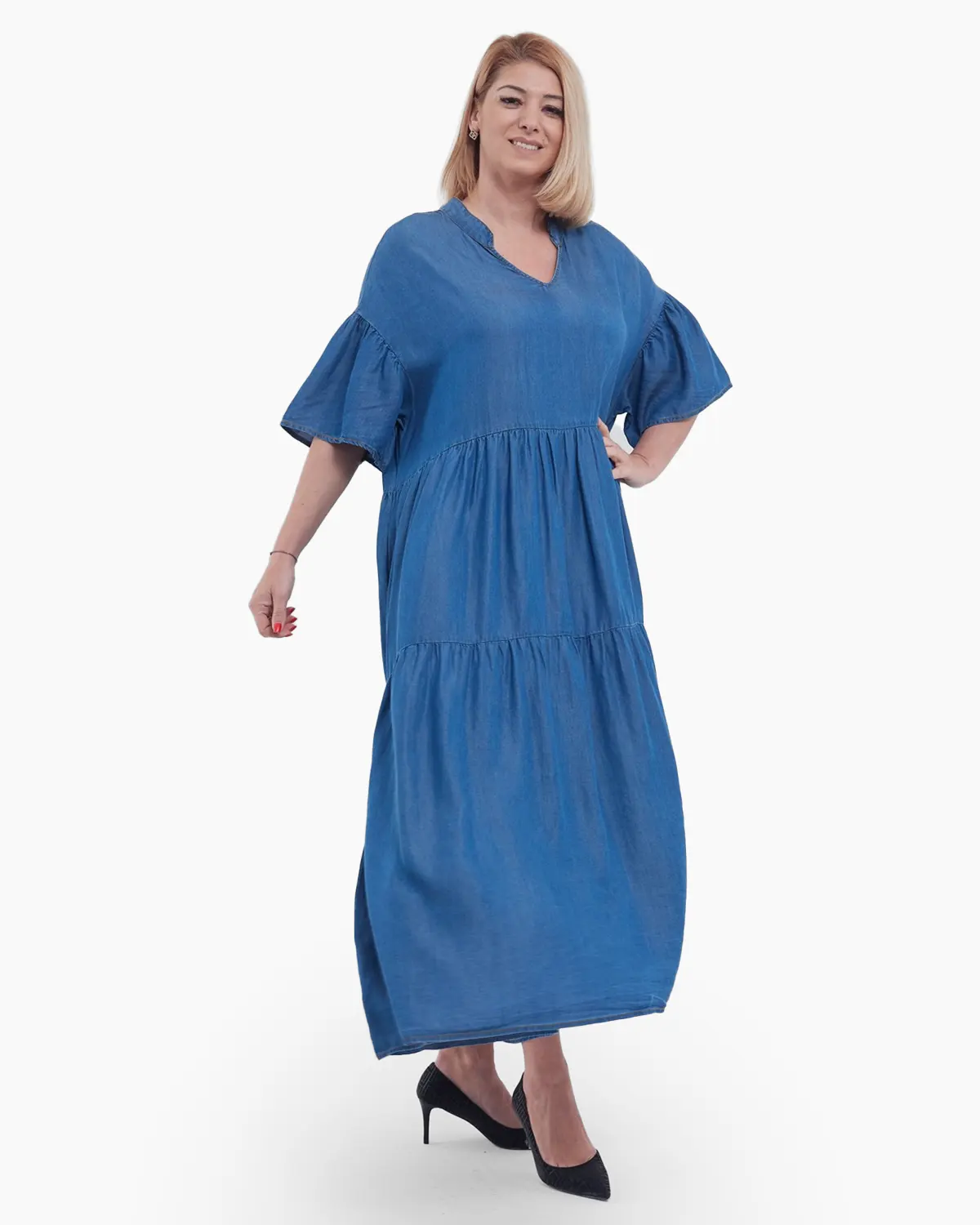 Rochie lunga casual din tencel fluid, cu umeri cazuti, volane chic la maneci si guler tunica, stil denim, albastru [3]