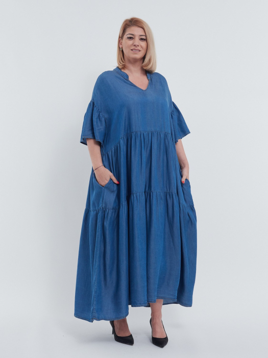 Rochie lunga casual din tencel fluid, cu umeri cazuti, volane chic la maneci si guler tunica, stil denim, albastru [4]