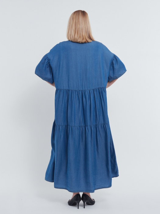 Rochie lunga casual din tencel fluid, cu umeri cazuti, volane chic la maneci si guler tunica, stil denim, albastru [2]