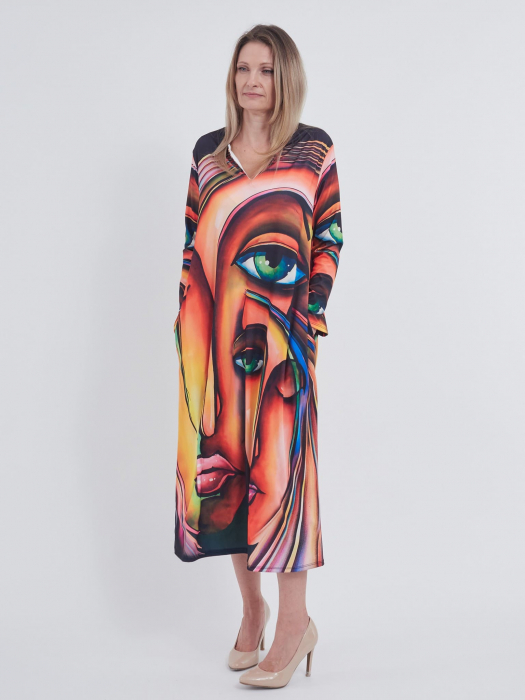 Rochie lunga, croi drept cu imprimeu abstract "chip feminin" [3]