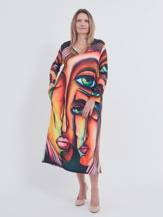 Rochie lunga, croi drept cu imprimeu abstract "chip feminin" [2]