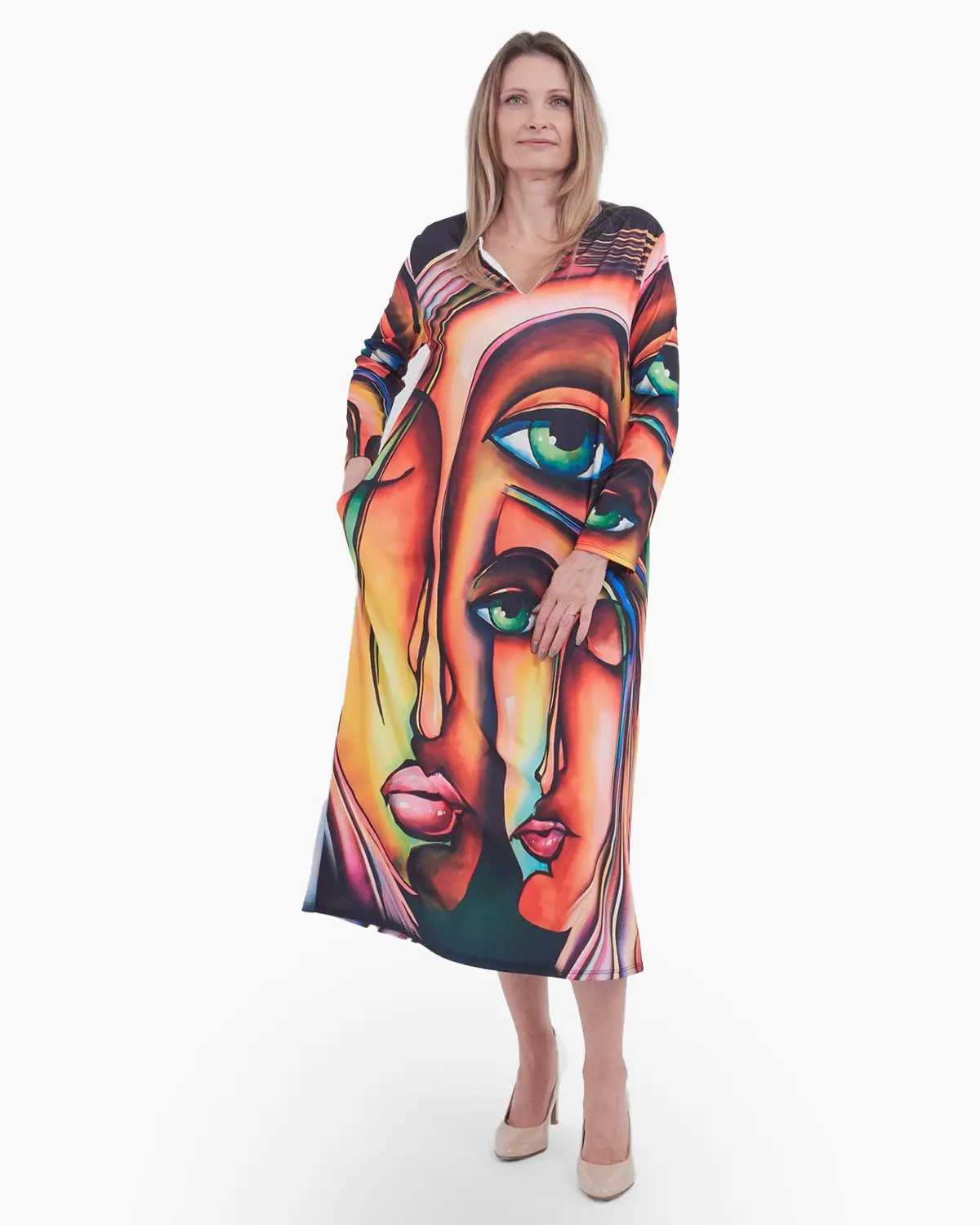 Rochie lunga, croi drept cu imprimeu abstract "chip feminin" [2]