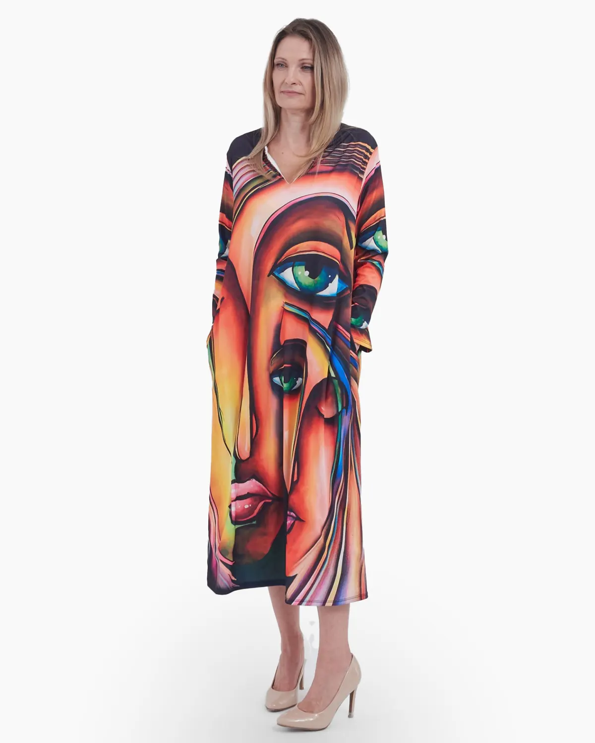 Rochie lunga, croi drept cu imprimeu abstract "chip feminin" [3]