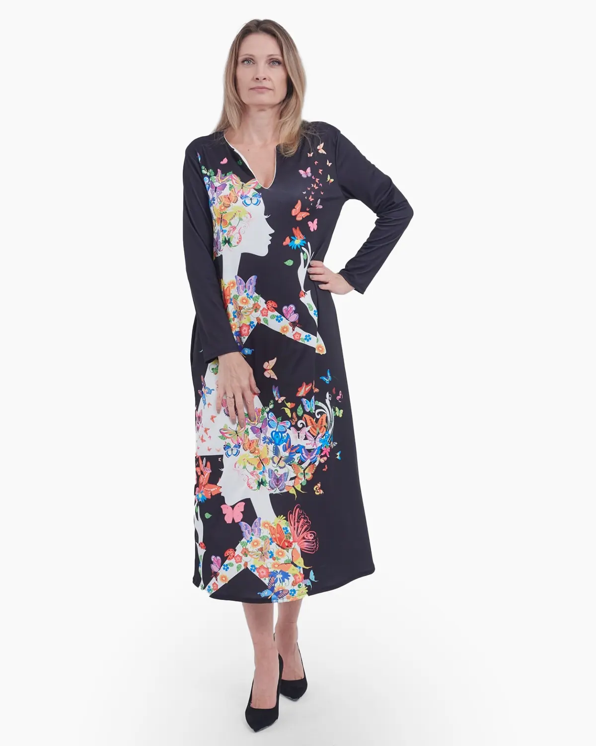 Rochie lunga, croi drept cu imprimeu abstract "feminin natura" [1]
