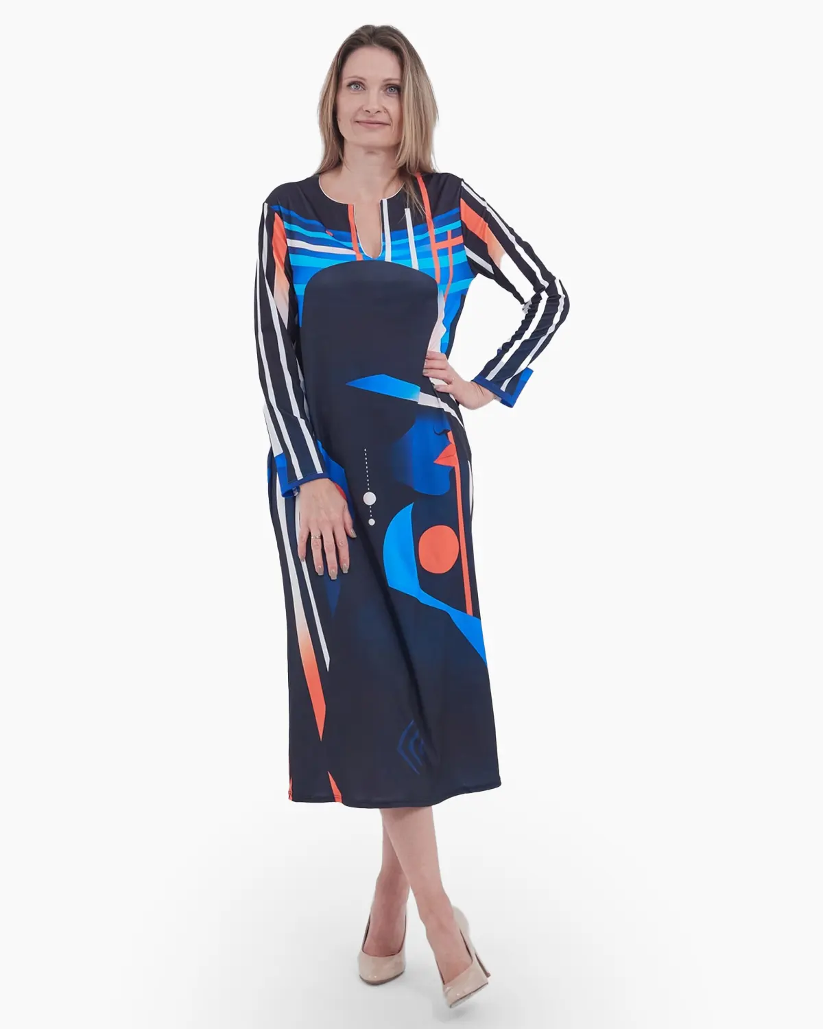 Rochie lunga, croi drept cu imprimeu abstract "profil feminin" [1]