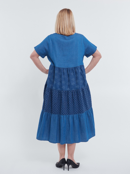Rochie lunga de vara casual chic din bumbac si lyocel cu imprimeu buline si broderie delicata croiala A lejera talie unica albastru [2]