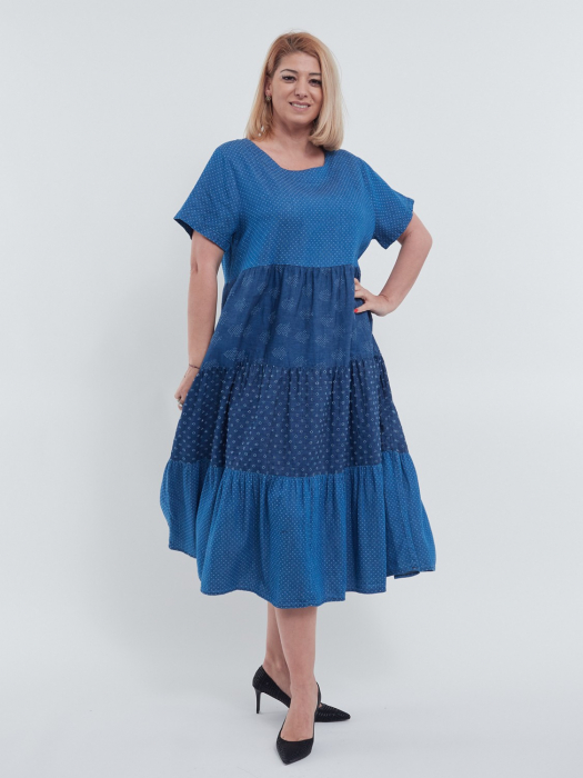 Rochie lunga de vara casual chic din bumbac si lyocel cu imprimeu buline si broderie delicata croiala A lejera talie unica albastru [3]